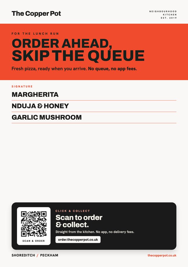 A print-ready A5 flyer with the headline reversed out of a solid brand-colour block.