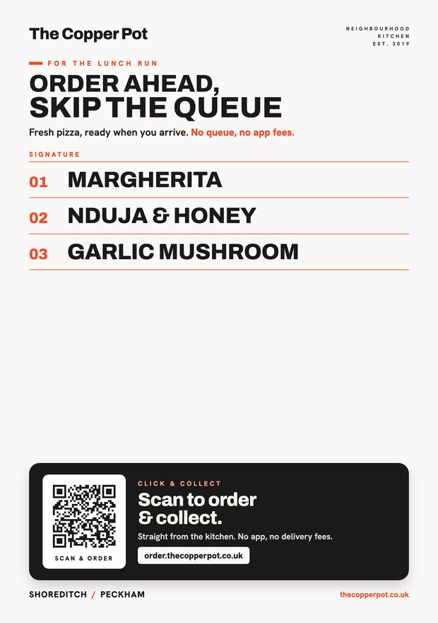 A print-ready A5 flyer with the menu set large as the hero, and a scannable order code.